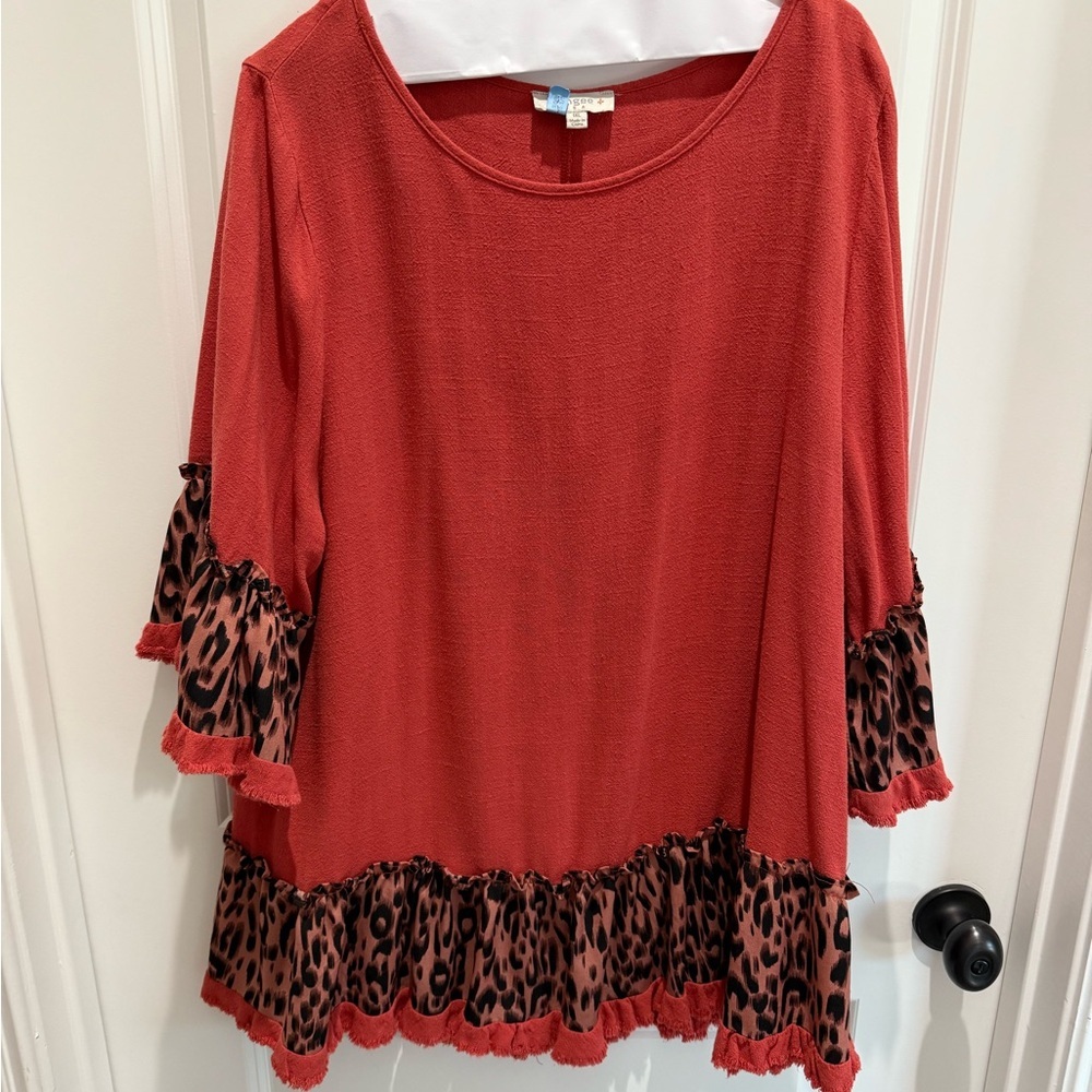 Umgee Red Top With Leopard Print Trim - image 2